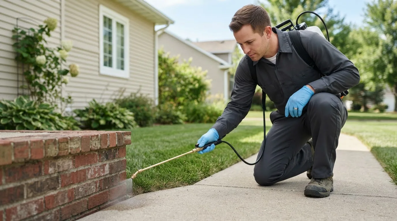 Pest control technician treating a home near Delmont, PA